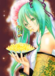  aqua_nails bandaged_neck bandages bare_shoulders beads chrysanthemum commentary_request cup drink female flower from_side glowing green_eyes green_hair hair_flower hair_ornament hatsune_miku holding hurricane_rinrin long_hair looking_at_viewer mouth_hold nail_polish peony_(flower) petals sakazuki sarashi solo teeth_hold twintails upper_body vocaloid 