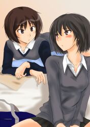  2girls amagami bag bent_over black_hair blush bob_cut brown_eyes brown_hair commentary_request eye_contact kibito_high_school_uniform looking_at_another multiple_girls murasaki_iro nanasaki_ai school_bag school_uniform short_hair sitting skirt sweater sweater_vest tachibana_miya 