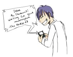  blue_hair cellphone drawfag grin highres katawa_shoujo male_focus nurse nurse_(katawa_shoujo) phone smile solo texting white_background 