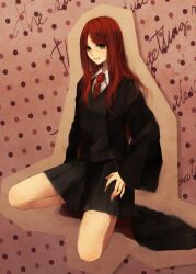  aged_down animification black_skirt commentary_request female green_eyes gryffindor hand_on_leg harry_potter_(series) hogwarts_school_uniform kneeling kurosujuu lily_evans long_hair necktie red_hair school_uniform skirt smile solo uniform wizarding_world 