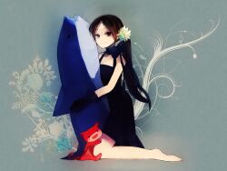  aged_down bad_id bad_pixiv_id bare_shoulders barefoot black_dress black_gloves brown_eyes brown_hair choker dress feline female flower gloves hair_flower hair_ornament kneeling lara_croft long_hair ponytail shark sorakusa_roya tomb_raider 