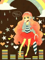  bad_id bad_pixiv_id blazer blue_eyes bow cloud female flats headphones heart heart_beats_(vocaloid) highres jacket kusamoto_sora long_hair megurine_luka pantyhose pink_hair rain rainbow scissors skirt solo star_(symbol) umbrella very_long_hair vocaloid water_drop yellow_pantyhose 