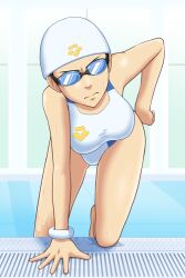  angry bracelet commentary_request female goggles goggles_on_eyes goriate hand_on_own_hip jewelry kneeling kumashiro_maya looking_at_viewer one-piece_swimsuit pool scowl seikimatsu_occult_gakuin solo swim_cap swimsuit thighs wet 