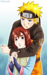  1boy amaru androgynous blonde_hair blood blue_eyes facial_mark female forehead_protector hug hug_from_behind injury knife long_hair mole mutsumix naruto naruto:_bonds naruto_shippuuden red_hair reverse_trap tears tomboy uzumaki_naruto weapon 