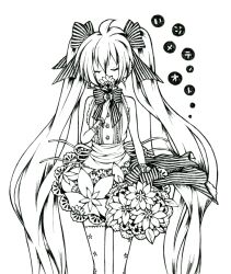  ahoge arm_at_side bad_id bad_pixiv_id bare_shoulders bouquet bow bowtie breasts closed_eyes commentary_request covered_mouth facing_viewer feet_out_of_frame female flower flower_over_mouth hair_between_eyes hand_up hatsune_miku headset hinata_riku holding holding_bouquet holding_flower lace lace-trimmed_skirt lace_trim line_art long_hair monochrome ribbon simple_background skirt sleeveless small_breasts smelling_flower solo standing striped_bow striped_bowtie striped_clothes striped_ribbon thighhighs twintails very_long_hair vocaloid white_background wrist_cuffs zettai_ryouiki 