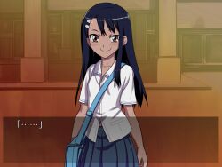  774_(nanashi) bag blue_hair blush brown_eyes commentary_request dark-skinned_female dark_skin female hair_ornament hairclip ijiranaide_nagatoro-san long_hair looking_at_viewer nagatoro_hayase photoshop_(medium) school_uniform shirt skirt smile solo 