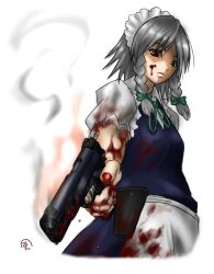  apron bad_id bad_pixiv_id blood blood_on_clothes blood_on_face blood_splatter bow braid female grey_hair gun hairbow handgun izayoi_sakuya kyuumiritei_kazaana m1911 maid maid_headdress nail_polish red_eyes smoke smoking_barrel solo touhou twin_braids weapon 