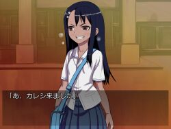  774_(nanashi) bag blue_hair blush breath brown_eyes commentary_request dark-skinned_female dark_skin female grin hair_ornament hairclip ijiranaide_nagatoro-san long_hair looking_at_viewer nagatoro_hayase photoshop_(medium) school_uniform shirt skirt smile solo translated 