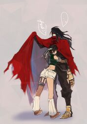  ... 1boy armor back bare_shoulders black_hair boots brown_hair clawed_gauntlets cloak closed_eyes commentary_request crop_top doraeshi female final_fantasy final_fantasy_vii fishnets headband height_difference hug leg_warmers long_hair midriff short_hair short_shorts shorts sleeveless sleeveless_turtleneck thighhighs turtleneck vincent_valentine yuffie_kisaragi 