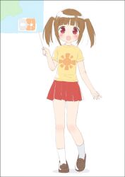  :d blush brown_hair commentary_request female hina_(jwa) japan_weather_association kani_biimu loafers mascot open_mouth pointer red_eyes shirt shoes skirt smile socks solo sun_symbol t-shirt twintails weather white_socks 