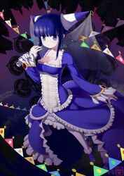  blue_eyes blue_hair breasts cleavage commentary dress female gown hat magical_girl mahou_shoujo_madoka_magica mahou_shoujo_madoka_magica_(anime) medium_breasts personification solo thighhighs walpurgisnacht_(madoka_magica) white_thighhighs zimajiang 