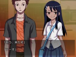  1boy 774_(nanashi) bag beard blue_hair blush brown_eyes brown_hair commentary_request dark-skinned_female dark_skin facial_hair female goatee grin hair_ornament hairclip ijiranaide_nagatoro-san long_hair looking_at_viewer nagatoro_hayase pants photoshop_(medium) school_uniform shirt short_hair skirt smile smirk sweat tears translated 