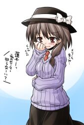  akou_roushi arm_up blush braid brown_eyes brown_hair commentary_request female female_pervert hair_ribbon hat hat_ribbon necktie pervert ribbed_sweater ribbon shirt skirt smelling smelling_clothes smile solo sweater touhou translated usami_renko 