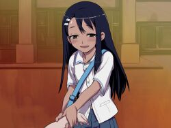  774_(nanashi) bag blue_hair blush brown_eyes commentary_request dark-skinned_female dark_skin evening female hachiouji_naoto hair_ornament hairclip ijiranaide_nagatoro-san long_hair looking_at_viewer nagatoro_hayase out_of_frame photoshop_(medium) pov pov_hands school_uniform shirt skirt 