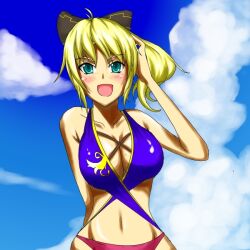  bare_shoulders bare_shouldrs bikini blonde_hair blue_eyes breasts cassandra_alexandra cleavage navel open_mouth pixiv_thumbnail resized soul_calibur soulcalibur_iv swimsuit 