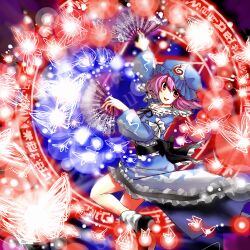  bad_id bad_pixiv_id blue_butterfly bug butterfly dual_wielding female folding_fan frills glowing_butterfly goshoguruma hand_fan hat holding japanese_clothes light_particles magic_circle munihagi pink_hair red_butterfly ribbon saigyouji_yuyuko saigyouji_yuyuko&#039;s_fan_design shippou_(pattern) solo touhou triangular_headpiece 