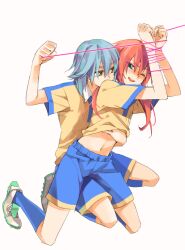  2boys :d bad_id bad_pixiv_id blue_eyes blue_hair blush bondage bondage bound bound_arms hand_under_clothes hand_under_shirt inazuma_eleven_(series) inazuma_eleven_go kariya_masaki kirino_ranmaru kyou_(nodobotokemax) long_hair male_focus multiple_boys navel one_eye_closed open_mouth pink_hair pulling shirt shorts simple_background smile soccer_uniform socks sportswear white_background yaoi yellow_eyes 