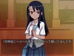  774_(nanashi) bag blue_hair blush brown_eyes cellphone commentary_request dark-skinned_female dark_skin empty_eyes female hair_ornament hairclip ijiranaide_nagatoro-san long_hair looking_at_viewer nagatoro_hayase phone photoshop_(medium) school_uniform shirt skirt solo tears translated 