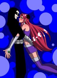  1boy alien black_hair blush boots cartoon_network couple dc_comics dick_grayson eye_hold female flying gloves green_eyes hug mask midriff nightwing red_hair skirt starfire straight straight teen_titan teen_titans thigh_boots thighhighs 