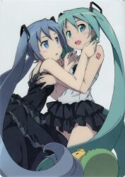  2girls absurdres aqua_eyes aqua_hair blue_eyes blue_hair blush hair_ornament hatsune_miku highres kanzaki_hiro long_hair multiple_girls nail_polish scan tabgraphics tattoo the_endless_love_(vocaloid) twintails unfragment_(vocaloid) very_long_hair vocaloid 