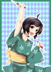  aqua_kimono araragi_tsukihi black_eyes black_hair checkered_background commentary_request dual_wielding female holding ice_pick japanese_clothes kimono monogatari_(series) nisemonogatari short_hair solo tenkomori_(bug_kura) 