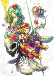  2girls blonde_hair blue_eyes book boots bow commentary_request final_fantasy final_fantasy_vi green_hair hairbow hat highres holding moogle multiple_girls red_eyes relm_arrowny seiji1209 sitting skeleton skull smile star_(symbol) strago_magus striped terra_branford vertical-striped_leggings vertical_stripes 