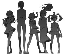  1boy 4girls braid commentary_request extra_arms greyscale kao_(gururincho) madotsuki monochrome monoe monoko multiple_girls photoshop_(medium) poniko ponytail sekomumasada_sensei silhouette skirt twin_braids twintails white_background yume_nikki 