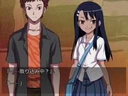  1boy 774_(nanashi) bag beard blue_hair blush brown_eyes brown_hair commentary_request dark-skinned_female dark_skin facial_hair female grin hair_ornament hairclip ijiranaide_nagatoro-san long_hair looking_at_viewer nagatoro_hayase pants photoshop_(medium) school_uniform shirt short_hair skirt smile smirk sweat tears translated 