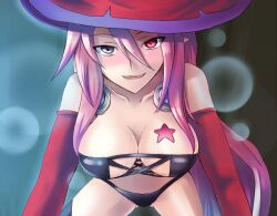  bare_shoulders bikini blue_eyes breasts cleavage collarbone elbow_gloves female gloves hat heterochromia large_breasts long_hair looking_at_viewer lowres luminous_arc midriff open_mouth pink_hair red_eyes smile solo star swimsuit tattoo thighhighs vanessa_(luminous_arc) witch_hat 