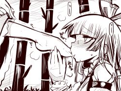  2girls bamboo bamboo_forest barefoot blunt_bangs blush commentary_request feet foot_worship forest fujiwara_no_mokou hair_ribbon houraisan_kaguya licking licking_foot long_hair monochrome multiple_girls nature plantar_flexion ribbon sako_(bosscoffee) touhou yuri 