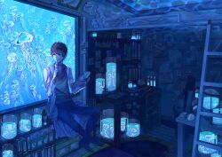  1boy bad_id bad_pixiv_id bed blue_theme book bottle box bubble clipboard clock crossed_legs cup desk highres indoors jar jellyfish ladder male_focus mug original paper pen pencil petri_dish pillow plant room rug scientist scissors sitting smoking_pipe sorax2112 test_tube trash_can 