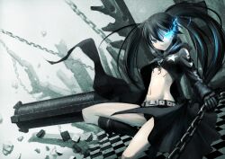  arm_cannon belt bikini bikini_top_only black_rock_shooter black_rock_shooter_(character) black_shorts blue_eyes boots chains cleavage_cutout clothing_cutout commentary_request female fire flaming_eye gloves glowing glowing_eye hetza_(hellshock) jacket long_hair midriff navel no_shirt scar short_shorts shorts star_(symbol) stitches swimsuit twintails uneven_twintails weapon zipper 