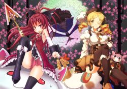  2girls antenna_hair beret blonde_hair boots charlotte_(madoka_magica) commentary_request cup dango drill_hair fingerless_gloves food gloves grin hair_ribbon hat kyuubee long_hair mahou_shoujo_madoka_magica mahou_shoujo_madoka_magica_(anime) mitarashi_dango mouth_hold multiple_girls polearm red_eyes red_hair ribbon sakura_kyoko sakura_kyoko_(magical_girl) skewer skirt smile spear sumapan teacup thigh_boots thighhighs tomoe_mami tomoe_mami_(magical_girl) twin_drills twintails wagashi walpurgisnacht_(madoka_magica) weapon yellow_eyes 