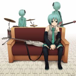  3girls album_cover alternate_hairstyle aqua_hair bare_shoulders bass_guitar bob_cut boots commentary couch cover cymbals detached_hair detached_sleeves drum drum_set electric_guitar green_eyes guitar gun_sling hair_over_eyes hatsune_miku headset instrument jitome miniskirt multiple_girls multiple_persona necktie short_hair sitting skirt standing tattoo thighhighs vocaloid yajirushi_(chanoma) zettai_ryouiki 