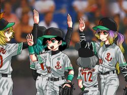  5girls alternate_costume anchor animal_ears arm_up audience bad_id bad_pixiv_id baseball_cap baseball_mitt baseball_uniform belt black_hair blonde_hair blue_hair blurry character_name clothes_writing depth_of_field from_behind gradient_hair green_eyes grey_hair hat high_five hijiri_byakuren long_sleeves looking_at_another mouse_ears mouse_tail multicolored_hair multiple_girls murasa_minamitsu nazrin open_hand open_mouth ponytail profile raw_(kenja) short_sleeves smile sportswear tail tatara_kogasa teeth third-party_edit toramaru_shou touhou wrist_cuffs yellow_eyes 