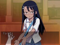  774_(nanashi) bag blue_hair blush brown_eyes commentary_request dark-skinned_female dark_skin evening female hachiouji_naoto hair_ornament hairclip ijiranaide_nagatoro-san long_hair looking_at_viewer nagatoro_hayase out_of_frame photoshop_(medium) pov pov_hands school_uniform shirt skirt solo_focus sweat tears translated wide-eyed 