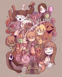  2boys 6+girls bad_id bad_pixiv_id balloon closed_eyes door drooling everyone extra_arms eye_person_(yume_nikki) eyeball facing_viewer floyag ghost grey_background holding holding_knife hole_in_face hole_in_head kasei-san knife kyukkyu-kun long_sleeves madotsuki monoe monoko multiple_boys multiple_girls no_mouth parted_lips piano_keys pink_shirt poniko red_skirt sekomumasada_sensei shirt shitaisan skirt standing tomioka_(2536963) toriningen traffic_cone triangular_headpiece uboa yume_nikki 