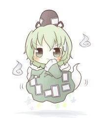  bad_id bad_pixiv_id blush chibi dress female ghost_tail green_dress green_eyes green_hair hand_on_own_face hat hitodama short_hair simple_background soga_no_tojiko solo south114 sweatdrop tate_eboshi touhou white_background 