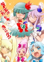  :o absurdres alternate_costume blonde_hair blue_eyes blue_hair blush bob_cut bow choker closed_eyes cure_blossom cure_marine cure_moonlight cure_sunshine dark_precure dress earrings flower green_hair hair_flower hair_ornament hair_ribbon hanasaki_tsubomi heart heartcatch_precure! heterochromia highres jewelry kurumi_erika long_hair magical_girl midriff myoudouin_itsuki navel open_mouth pink_eyes pink_hair ponytail precure purple_hair ribbon short_hair siblings sisters smile surprised tsukikage_yuri twintails wrist_cuffs yellow_eyes yokota_mamoru 