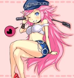  big_hair blue_eyes blue_shorts breasts chibi collar commentary_request crop_top cuffs cutoffs denim denim_shorts female final_fight handcuffs hat heart high_heels large_breasts long_hair nail_polish one_eye_closed peaked_cap pink_hair pinky_out poison_(final_fight) riding_crop seo_kichi shoes shorts solo speech_bubble spoken_heart street_fighter studded_collar tank_top very_long_hair 