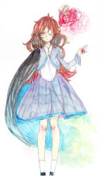  bad_id bad_pixiv_id bananakasan brown_hair crayon_(medium) crown female highres long_hair one_eye_closed photoshop_(medium) princess_tutu red_eyes rue_(princess_tutu) single_wing skirt solo standing traditional_media wings 