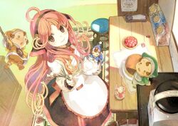  apron brown_eyes brown_hair cake cooking fairy_(jintai) female food fruit hat hidari_(left_side) jinrui_wa_suitai_shimashita long_hair pink_hair strawberry watashi_(jintai) whipped_cream 