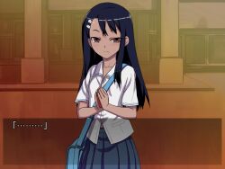  774_(nanashi) bag blue_hair blush brown_eyes cellphone commentary_request dark-skinned_female dark_skin female frown hair_ornament hairclip ijiranaide_nagatoro-san long_hair looking_at_viewer nagatoro_hayase phone photoshop_(medium) school_uniform shirt skirt solo 