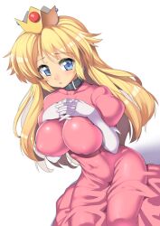  blonde_hair blue_eyes blush breast_suppress breasts breasts_squeezed_together collar commentary covered_navel covered_nipples crown dress dutch_angle elbow_gloves female gem gloves gown impossible_clothes impossible_dress interlocked_fingers large_breasts long_hair looking_at_viewer mario_(series) nagase_haruhito no_bra parted_lips pink_dress princess princess_peach puffy_nipples puffy_short_sleeves puffy_sleeves shadow short_sleeves simple_background sitting skin_tight solo very_long_hair wariza white_background white_gloves 