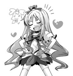  blush_stickers bow brooch closed_eyes coffret_(heartcatch_precure!) commentary_request cure_marine female greyscale hair_ornament hands_on_own_hips heart heart_brooch heartcatch_precure! ichimi jewelry kurumi_erika long_hair monochrome open_mouth photoshop_(medium) precure smile solo white_background 