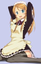  apron aqua_eyes arms_behind_head arms_up black_thighhighs brown_hair commentary_request female hair_ornament hairclip highres kousaka_kirino long_hair maabou maid maid_headdress orange_hair ore_no_imouto_ga_konna_ni_kawaii_wake_ga_nai simple_background sitting smile solo thighhighs wariza 