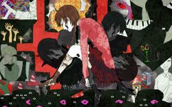  2boys 6+girls bad_id bad_pixiv_id blood blood_on_knife braid brown_hair closed_eyes closed_mouth eye_in_palm eyeball floyag frog_character_(yume_nikki) from_side knife long_sleeves midoro monoe monoko multiple_boys multiple_girls piano_keys pink_shirt pleated_skirt poniko profile red_skirt sekomumasada_sensei shirt shitaisan skirt surreal toriningen traffic_cone traffic_light twin_braids twintails uboa white_legwear yume_nikki 