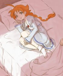  ahiru_(princess_tutu) ahoge bad_id bad_pixiv_id bed blue_eyes braid female fetal_position fli-rabbit full_body light long_hair lying on_bed on_side orange_hair pillow princess_tutu school_uniform signature single_braid socks solo 