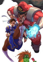  2boys andrewcockroach bad_deviantart_id bad_id battle blanka bracelet brown_eyes brown_hair bun_cover china_dress chinese_clothes chun-li double_bun dress earrings female fighting food glowing glowing_hand hair_bun hat jewelry knees m._bison military military_uniform multiple_boys open_mouth pain pantyhose pelvic_curtain photoshop_(medium) popsicle saliva sash spiked_bracelet spikes street_fighter thick_thighs thighs uniform 