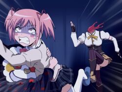  2girls blood blush_stickers charlotte_(madoka_magica) clenched_teeth commentary_request danshi_koukousei_no_nichijou detached_sleeves fingerless_gloves gloves hair_ribbon headless high_ponytail hug kaname_madoka mahou_shoujo_madoka_magica mahou_shoujo_madoka_magica_(anime) mami_mogu_mogu mitakihara_school_uniform multiple_girls parody ribbon ringo-chan_(danshi_koukousei) school_uniform shirosato short_twintails slippers striped_clothes striped_thighhighs tears teeth thighhighs tomoe_mami tomoe_mami_(magical_girl) twintails vertical-striped_clothes vertical-striped_thighhighs voice_actor_connection wide-eyed yuuki_aoi 